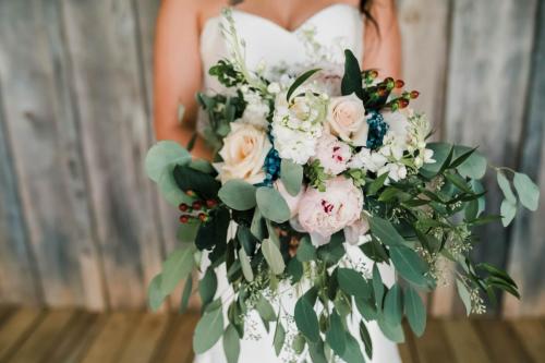 white and blush bridal bouquet with eucalyptus 