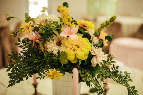 pink and yellow floral centerpiece